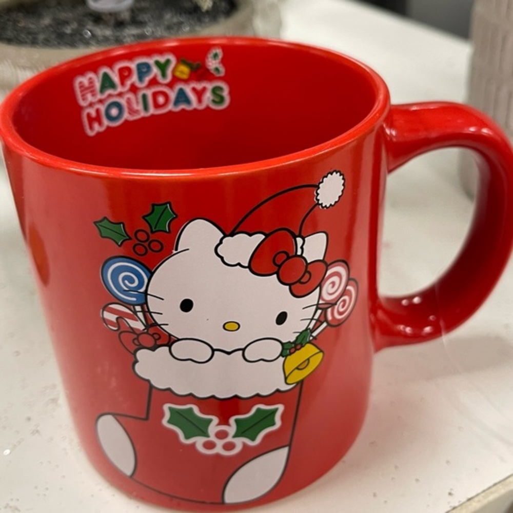 Christmas Hello Kitty Red Happy Holidays Stocking & Wreath Coffee Mug NWT